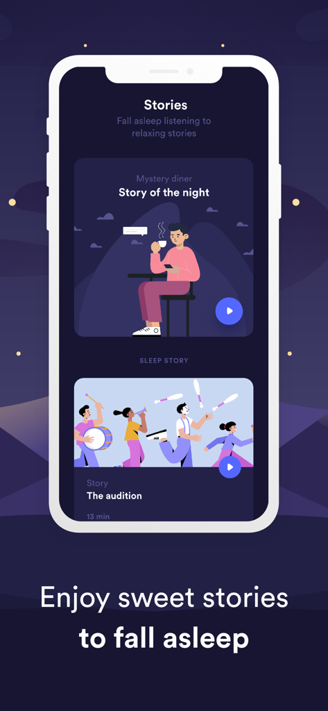 Sleep Nest app screen showing a menu of relaxing sleep stories for bedtime