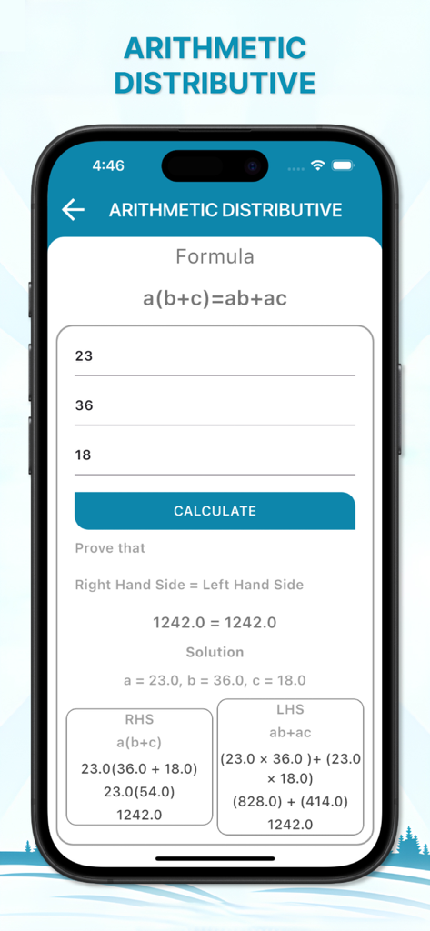 Tela da calculadora de propriedade distributiva aritmética no aplicativo Calculadora de Topografia mostrando a fórmula e prova passo a passo