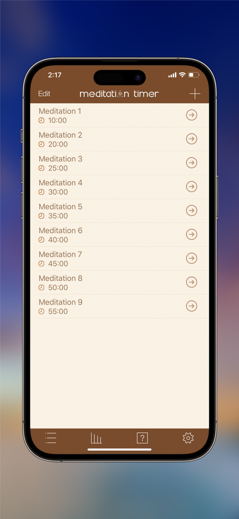 A list of meditation session presets in the Meditation Timer Pro app interface