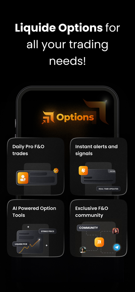 Liquide- Stocks & Mutual Funds - Liquide app screenshot showing options trading features including daily F and O trades and AI powered tools