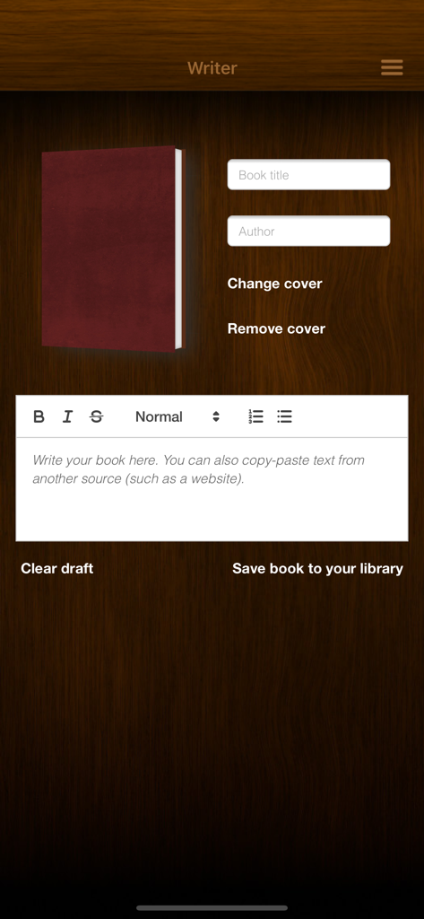 ReadMe! (BeeLine & Focus) - Interface of the Writer feature in the ReadMe app showing options to add a book title author and content