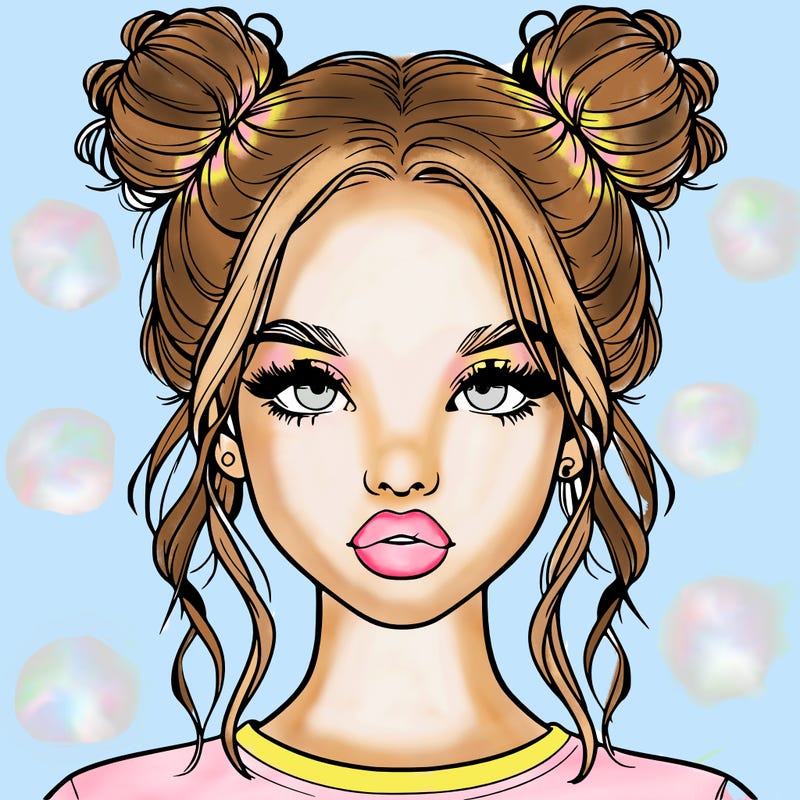 realistic girl with two buns in hair and lips