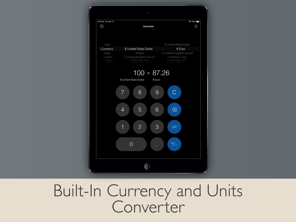 Calculator Pad Edition app interface showing a currency and units converter on an iPad screen