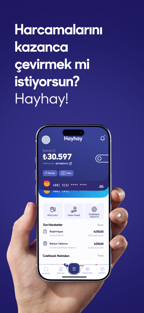 Hayhay Cüzdan & Fatura Ödeme - Hand holding a phone showing the Hayhay wallet app with account balance and bill payment services in Turkish.