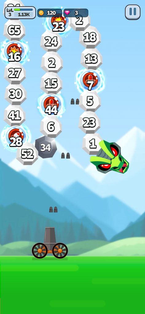 Gameplay of Ball Blast Cannon Blitz Mania showing a cannon shooting at a chain of numbered blocks led by a green dragon