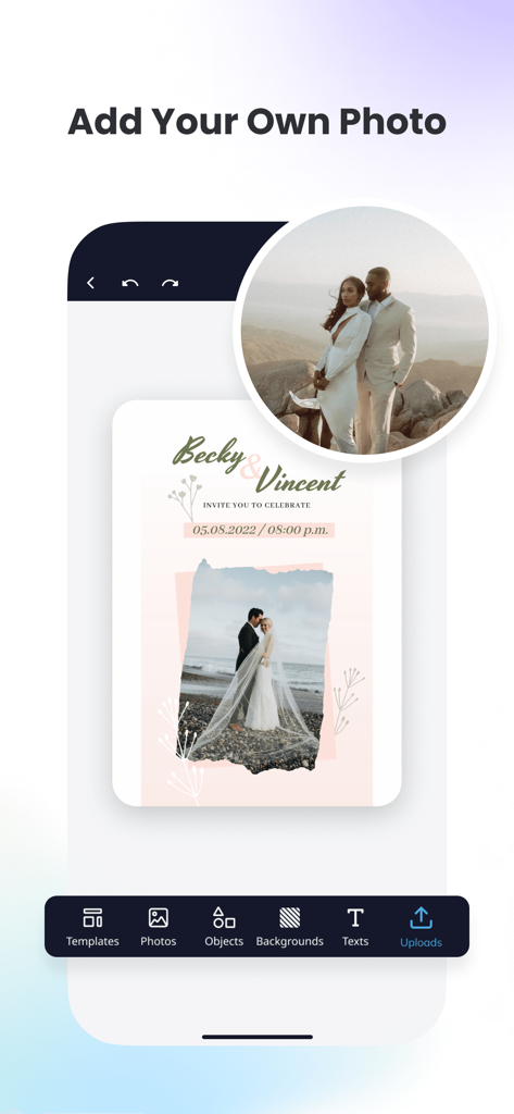 Vivipic - Invitation Maker - Mobile app interface of Vivipic showing a personalized wedding invitation template with a custom photo upload feature.