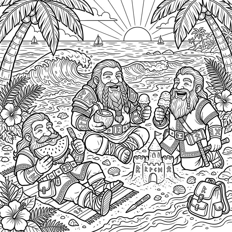 Escape to a sunny beach paradise with our delightful Dwarf Runesmiths coloring page. Watch as these masters of runes trade their hammers for ice cream and enjoy a well-deserved summer vacation by the sea.