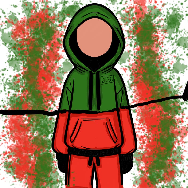 faceless girl in a tracksuit with a hood on and no hair