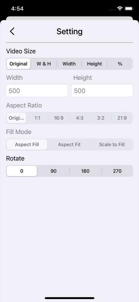 Settings interface of Batch Videos Edit app showing video size aspect ratio and rotation options