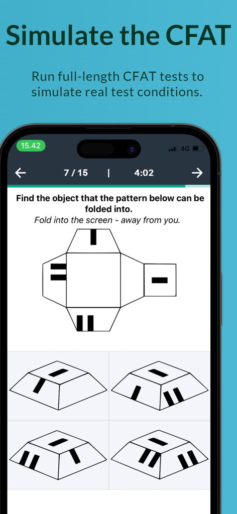 Mobile app screen showing a CFAT spatial ability practice question with a 2D pattern to fold into a 3D object.