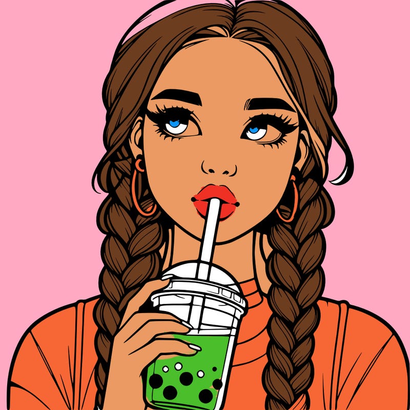 realistic girl with braided hair drinking boba