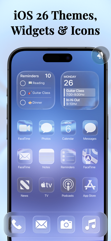 A customized iPhone home screen with a blue glassmorphism theme featuring custom icons and widgets.