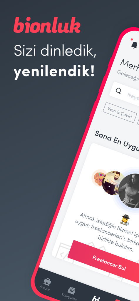Bionluk mobile App-Oberfläche, die Freiberuflerprofile und die Schaltfläche zum Finden von Freiberuflern anzeigt
