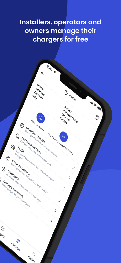 Tap Electric app interface for EV charger owners to manage locations tariffs and charging sessions