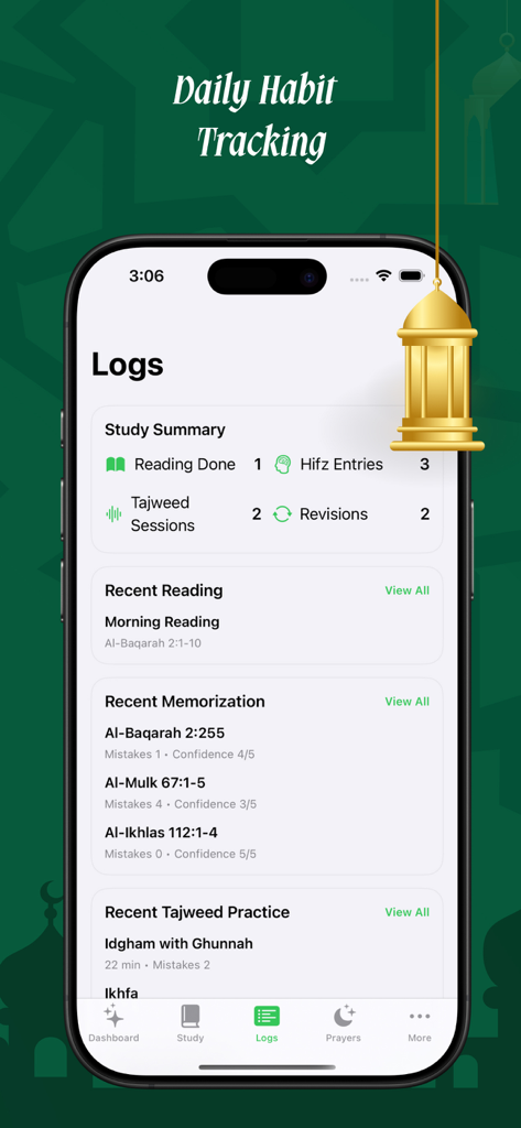 Interface of Muslim Life Qibla app displaying daily habit tracking logs for Quran reading and memorization progress