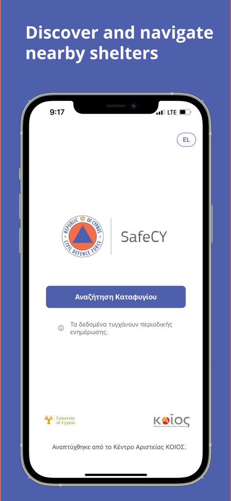 SafeCY - SafeCY mobile app home screen with shelter search button and Cyprus Civil Defence logo