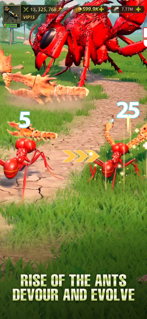 Ant Legion - Uma grande formiga vermelha e formigas menores em um caminho de terra com o texto Rise of the Ants Devour and Evolve