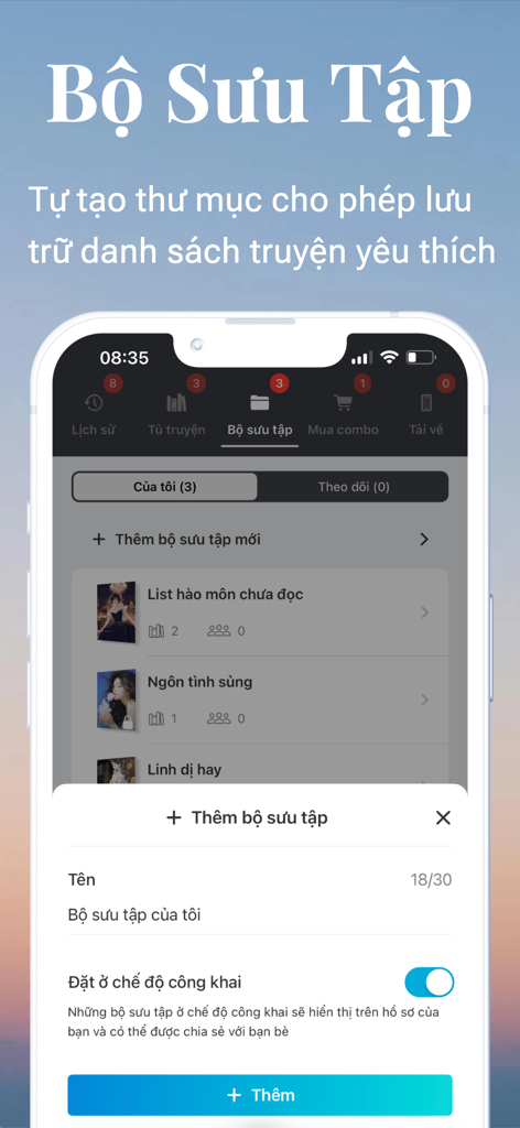 개인 스토리 컬렉션 및 폴더를 생성하고 관리하는 방법을 보여주는 TruyenHD 앱 화면.