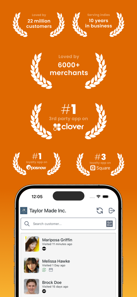 Loyalzoo for Business app interface showing a customer directory and top industry rankings on Clover and Square POS systems.