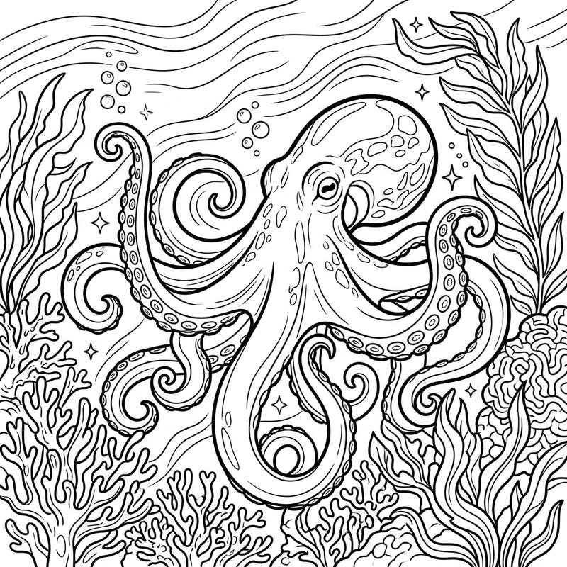 Explore the fascinating world beneath the waves with this beautiful Common Octopus coloring page. Designed with large print and clear outlines, it offers a wonderfully relaxing and engaging activity for seniors.