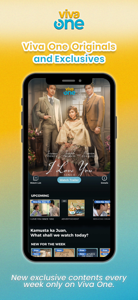 Viva One app interface on a smartphone featuring exclusive Filipino movies and original content