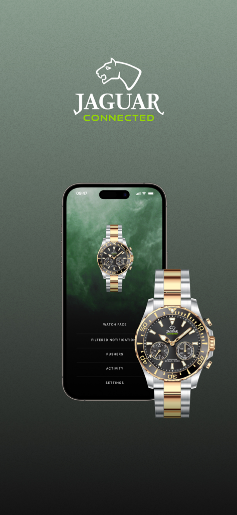 Jaguar Connected - Jaguar Connected mobile app interface on a smartphone screen displayed next to a matching analog hybrid watch.