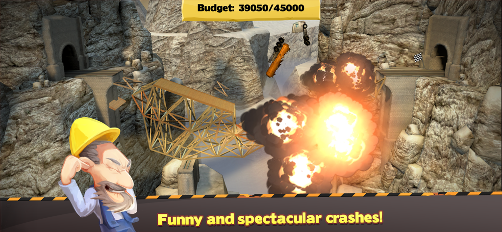 Bridge Constructor - A bridge collapsing with a large explosion and falling tanker truck in a rocky canyon