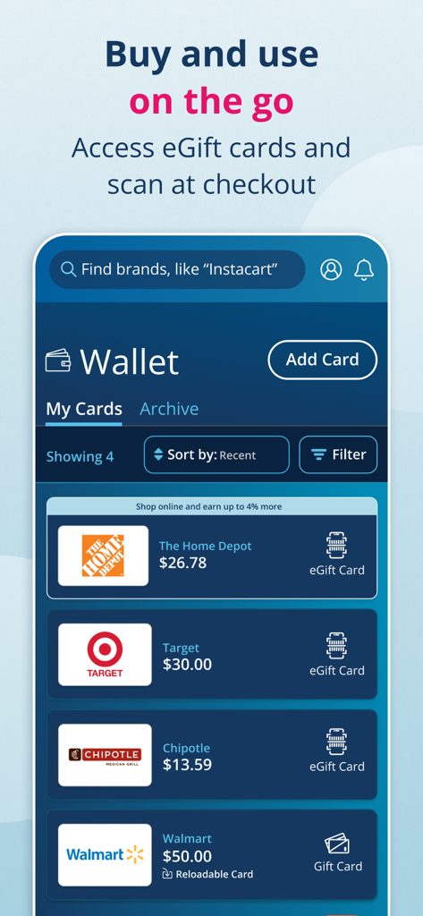RaiseRight Fundraising - Digital wallet screen in the RaiseRight app displaying gift cards for Target and Home Depot