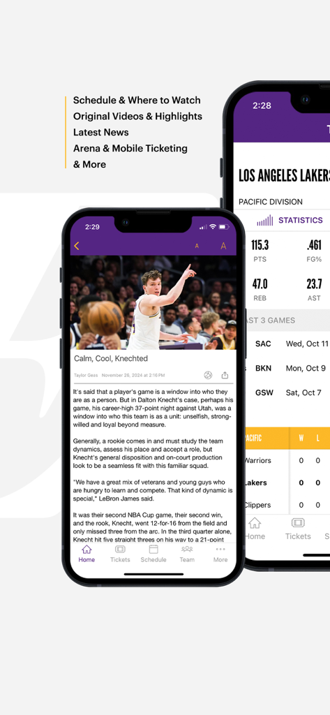 LA Lakers Official App - LA Lakers公式アプリのニュースとスタッツ画面