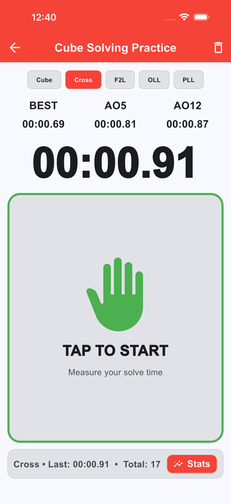 CFOPTrainer app interface showing the cube solving practice timer with cross solve statistics and AO5 and AO12 averages