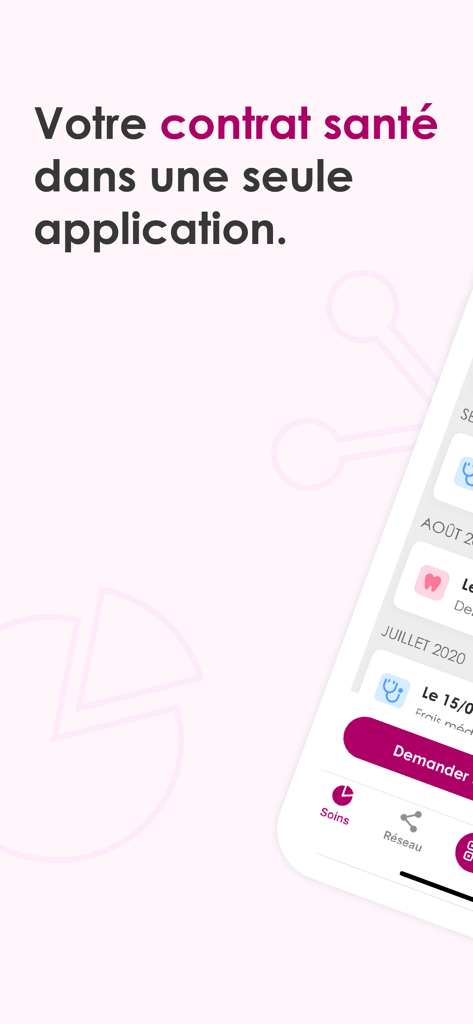 Écran de l'application mobile Hélium gérant le contrat d'assurance santé et l'historique des remboursements en français