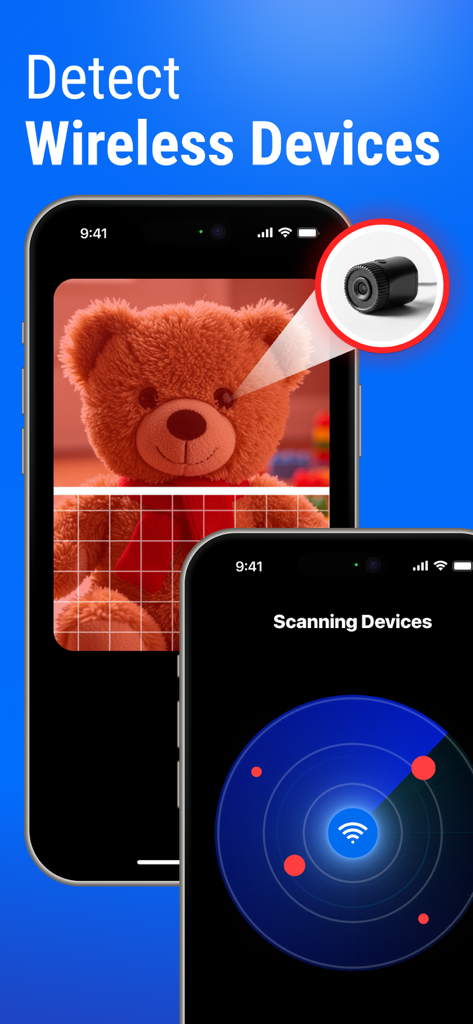 Spy360: Device Finder - Spy360 app interface showing hidden camera detection in a teddy bear and a radar scan for wireless devices