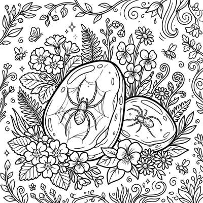 Step into a world where ancient history meets vibrant spring. This unique coloring page features detailed amber spiders perfectly preserved, nestled within a lively scene of blooming flowers and buzzing insects, ready for your creative touch.