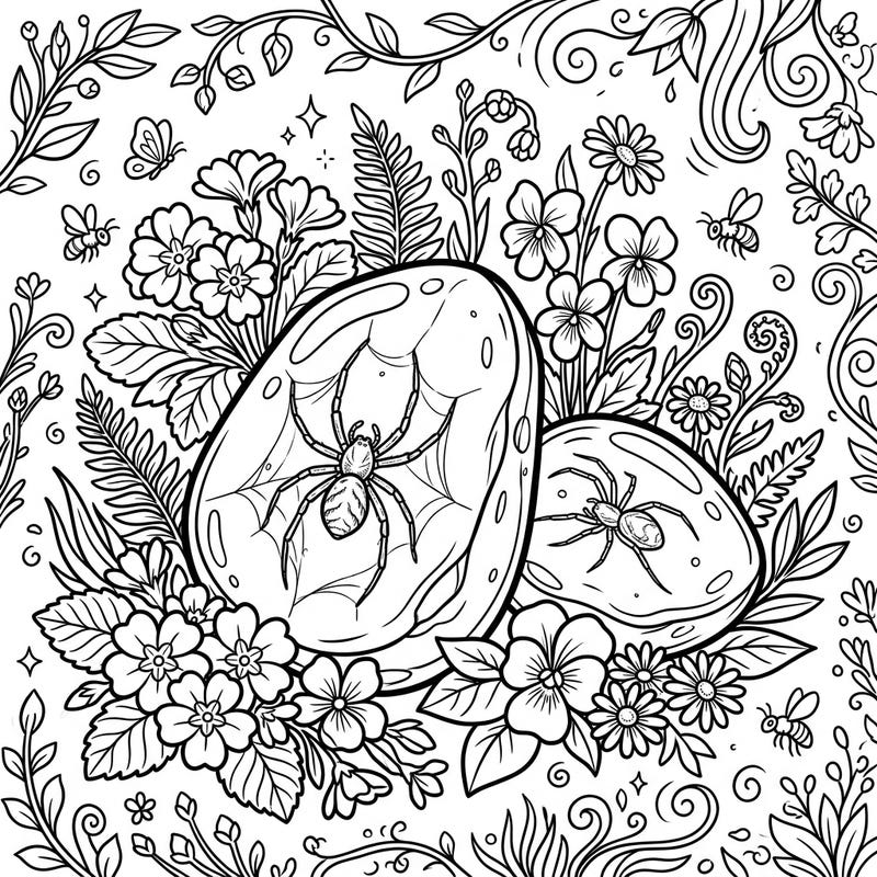 Step into a world where ancient history meets vibrant spring. This unique coloring page features detailed amber spiders perfectly preserved, nestled within a lively scene of blooming flowers and buzzing insects, ready for your creative touch.