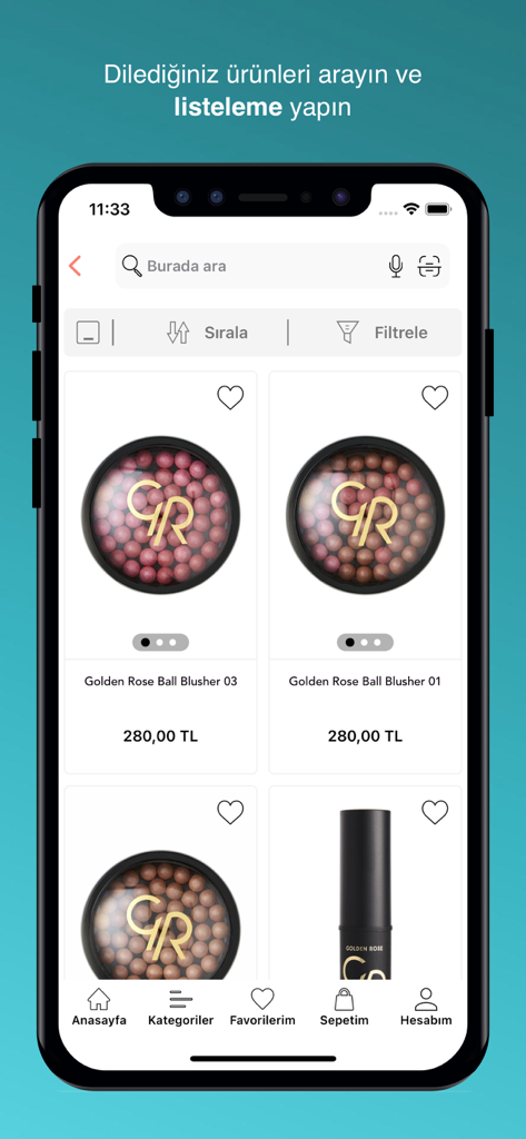 Golden Rose - Aplicación móvil Golden Rose que muestra un listado de productos de rubores en perlas con opciones de búsqueda y filtrado.