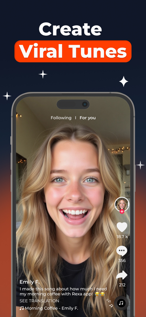 AI Song Generator - Rexa - A smartphone screen showing a social media video with the text Create Viral Tunes promoting the Rexa AI Song Generator app
