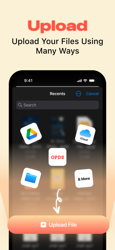 Interface de l'application Comick montrant les options d'importation de fichiers depuis Google Drive, iCloud et les catalogues OPDS