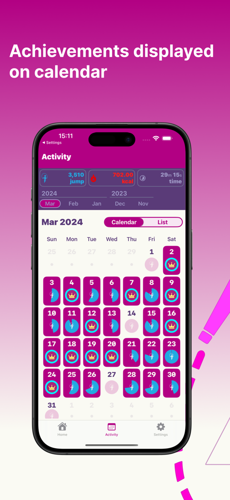 Air Jump Rope app activity screen with a monthly calendar tracking daily jump rope progress
