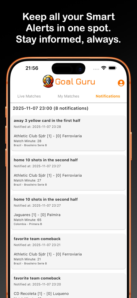 Goal Guru - Football Alerts - A list of customized smart football alerts in the Goal Guru notifications tab