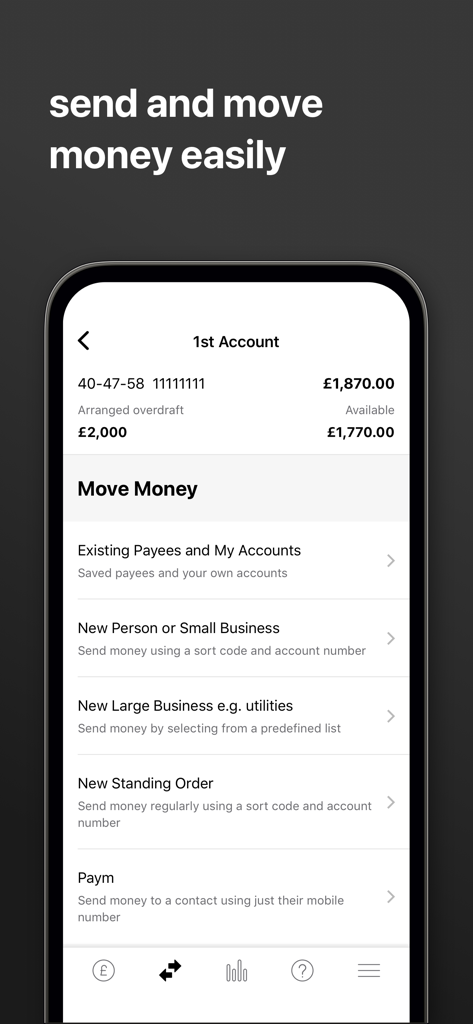 first direct - Pantalla de la app de First Direct que muestra opciones para enviar y mover dinero fácilmente.