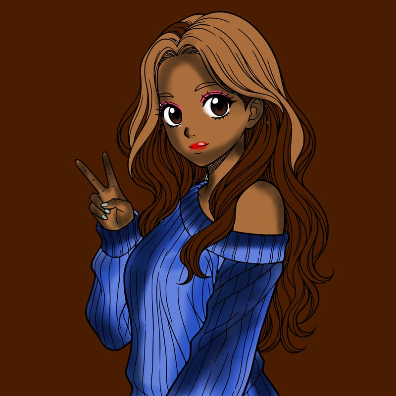 a girl with long hair. make only from her waist up showing and she is wearing g a sweater the is half off her shoulder. she needs to hold one peace sign. make her have no mouth, only have eyes. make her whole body facing the camera. and no black hair.