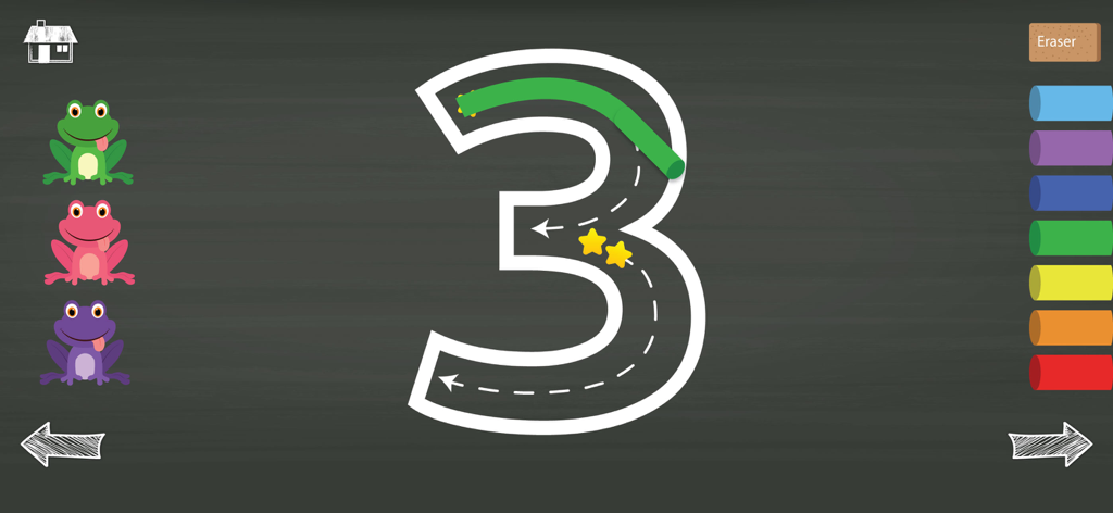Interface de rastreamento do número três com giz colorido e sapos em um quadro negro.