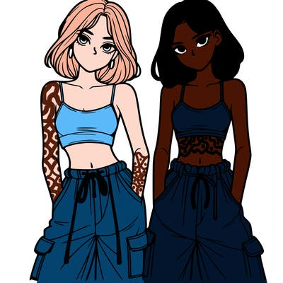 two girls with crop top with baggy pants