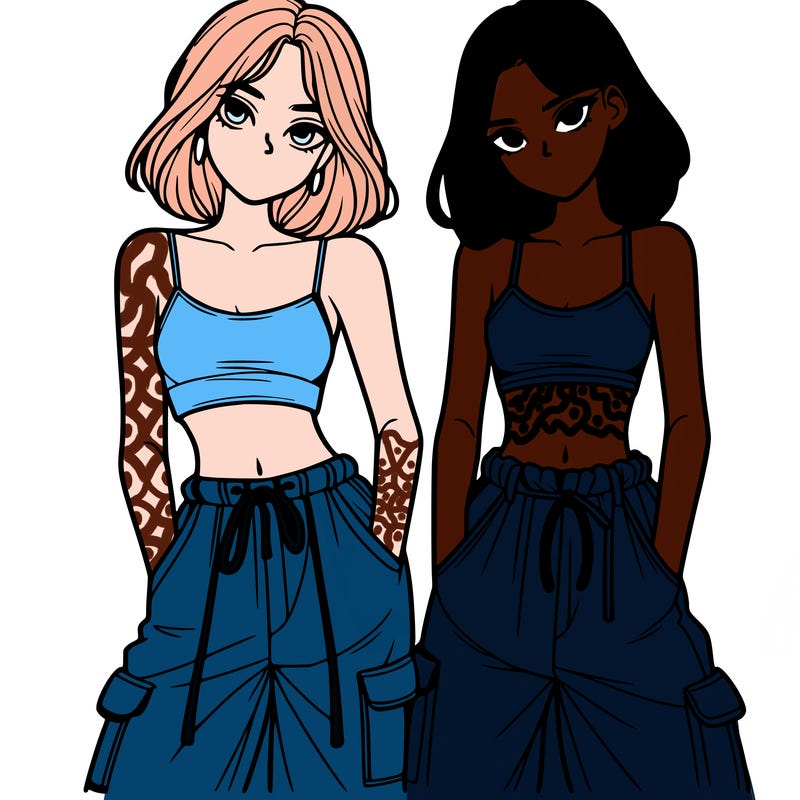 two girls with crop top with baggy pants
