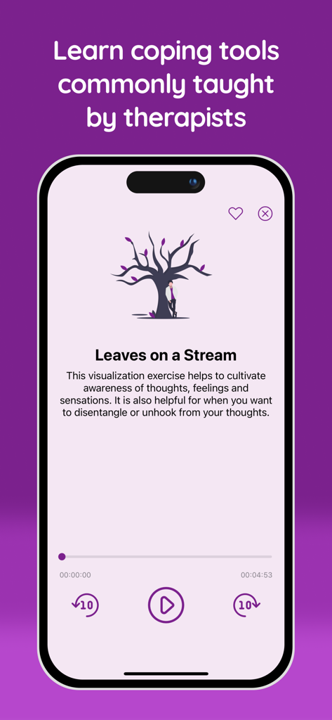 Écran de l'application Clarity montrant un exercice de visualisation thérapeutique intitulé Des feuilles sur un ruisseau