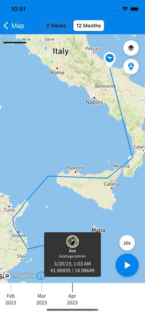 Animal Tracker - Map interface of the Animal Tracker app showing the migratory flight path of a bird named Ace across the Mediterranean Sea and Italy.