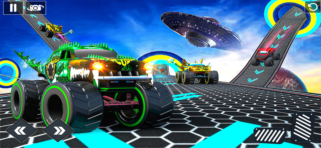 Alien Rescue : Galaxy Shooter - A green monster truck with predator decals driving on a futuristic space track with UFOs and other racing trucks in the background.