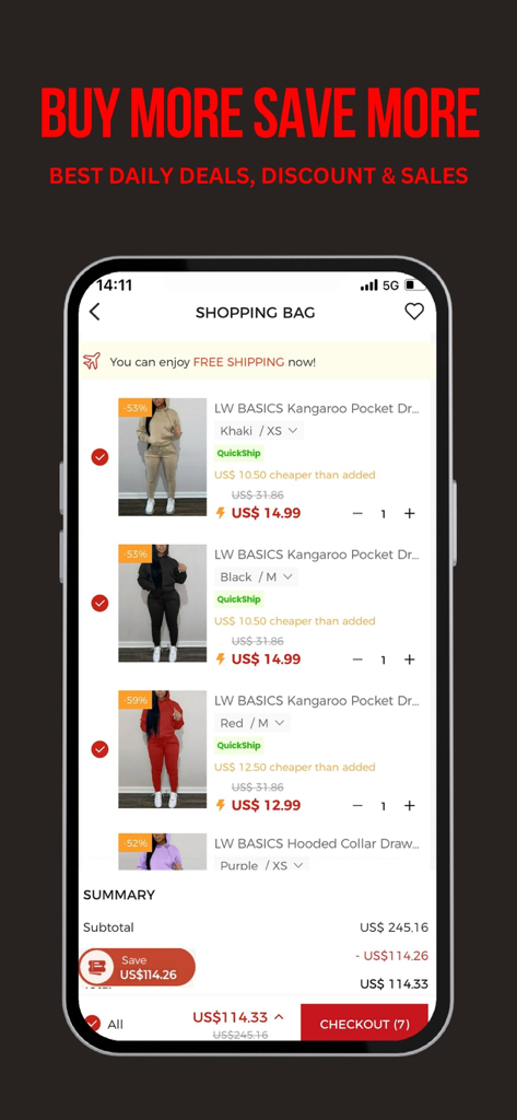 LovelyWholesale app shopping cart screen displaying discounted outfits and checkout savings