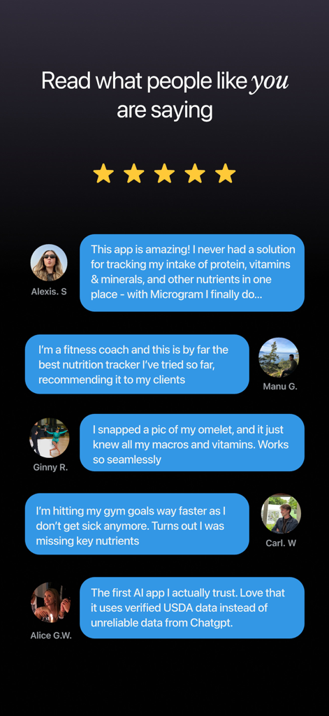 Microgram: Nutrient Tracker - Five-star user reviews and testimonials for the Microgram nutrient tracker app highlighting features like AI photo logging and USDA-verified data.