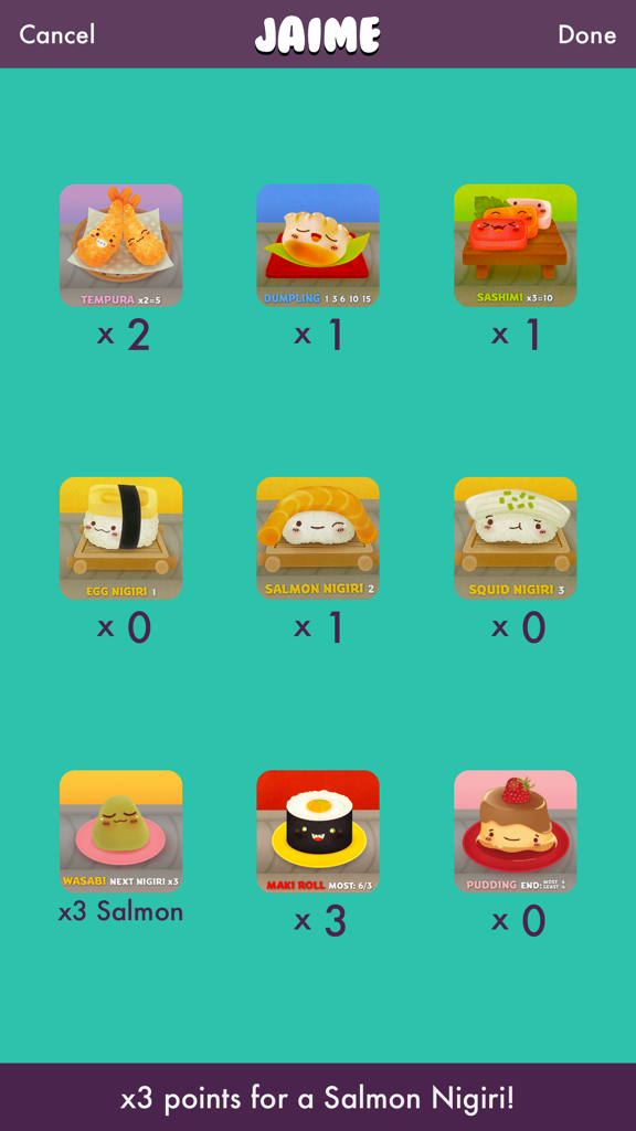 Sushi Go! Score Calculator - Sushi Go app screen showing player score calculation with cute food illustrations